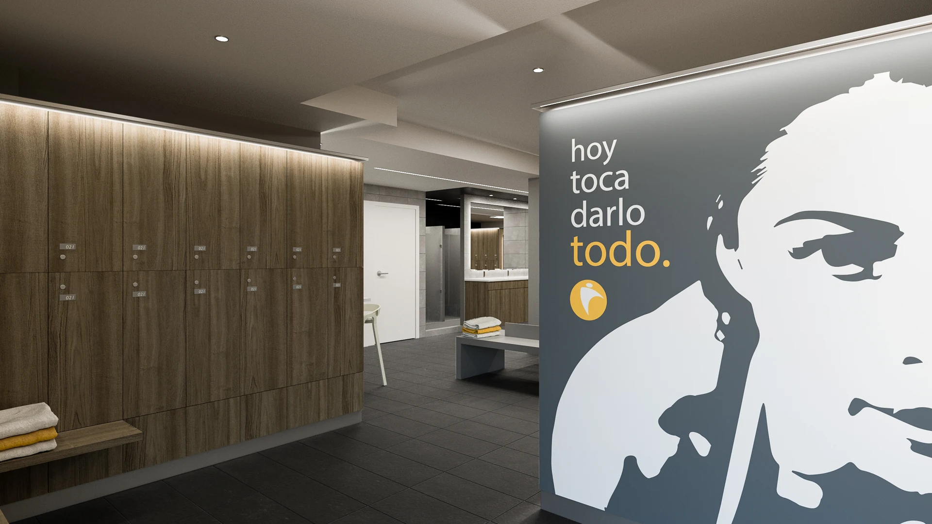 Variante de vestuarios con gráfica deportiva en una pared