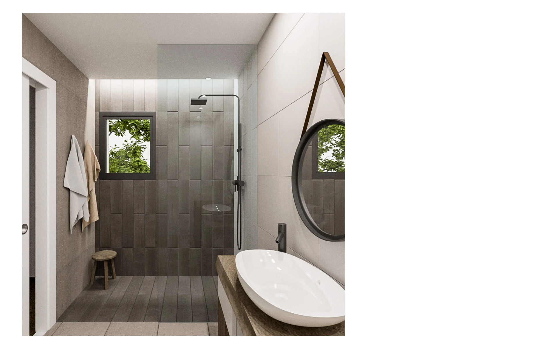 Propuesta de baño con madera y acabados neutros