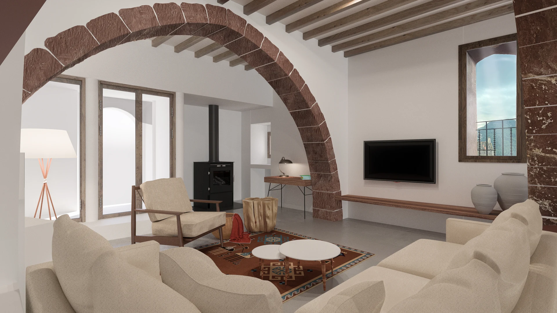 Sala con arco de ladrillo, vigas de madera y mobiliario contemporáneo