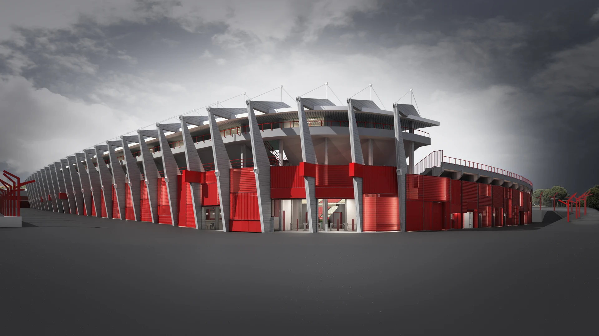 Visualización exterior de un estadio con accesos rojos