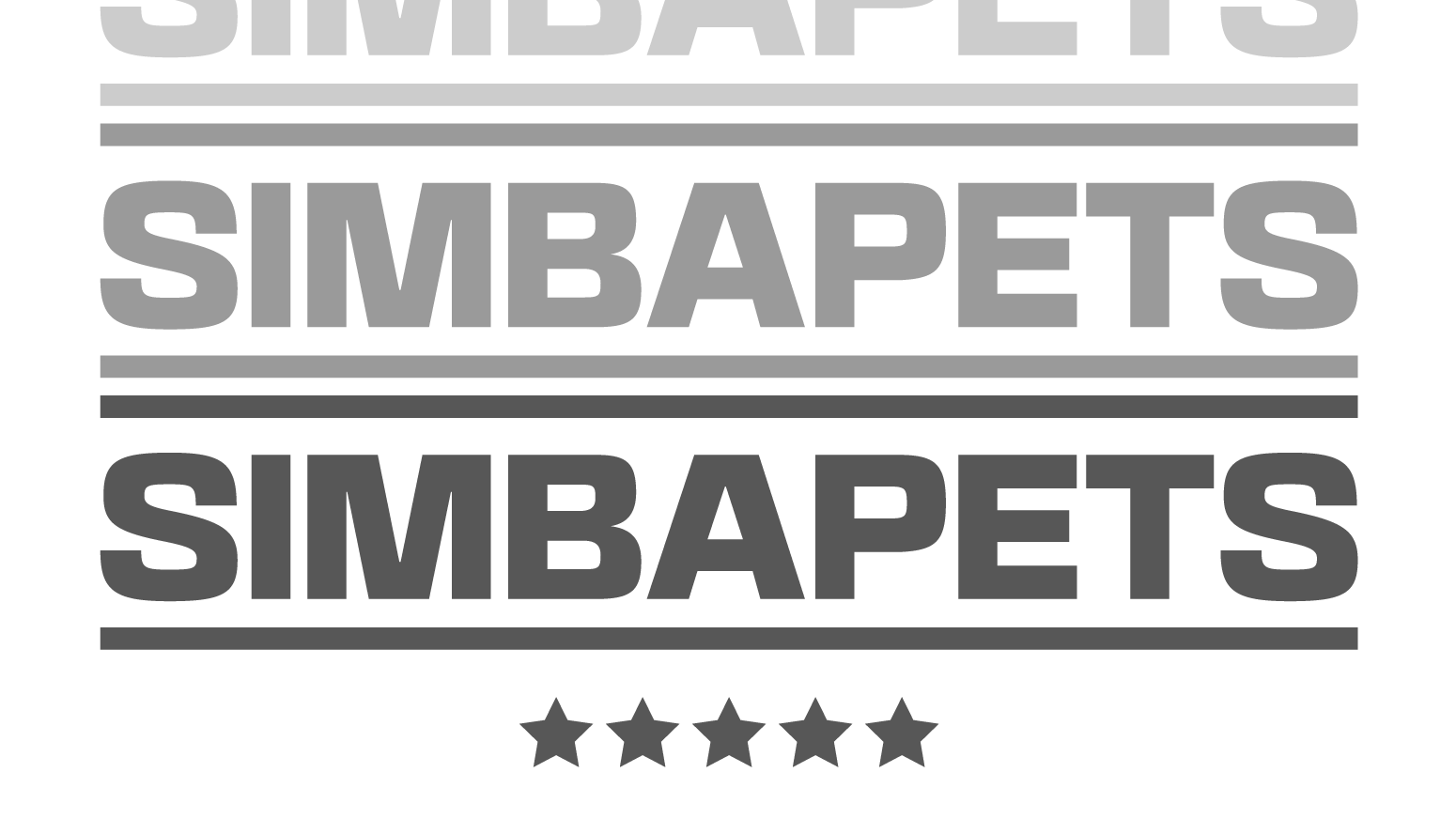 Aplicación tipográfica del nombre Simba Pets junto a estrellas