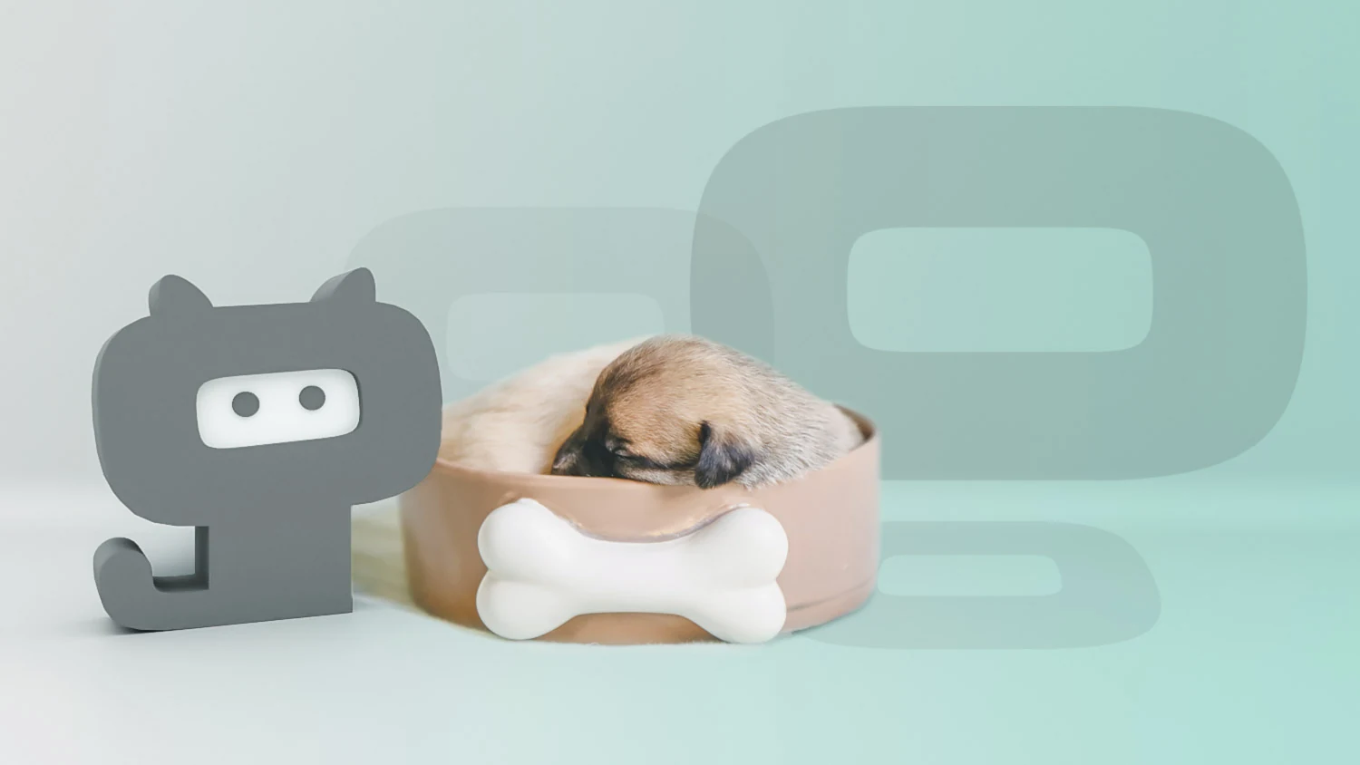 Composición de Simba Pets con cachorro dormido, símbolo de marca en volumen y fondo turquesa